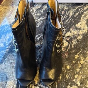 Black Leather Peep Toe Ankle Boots